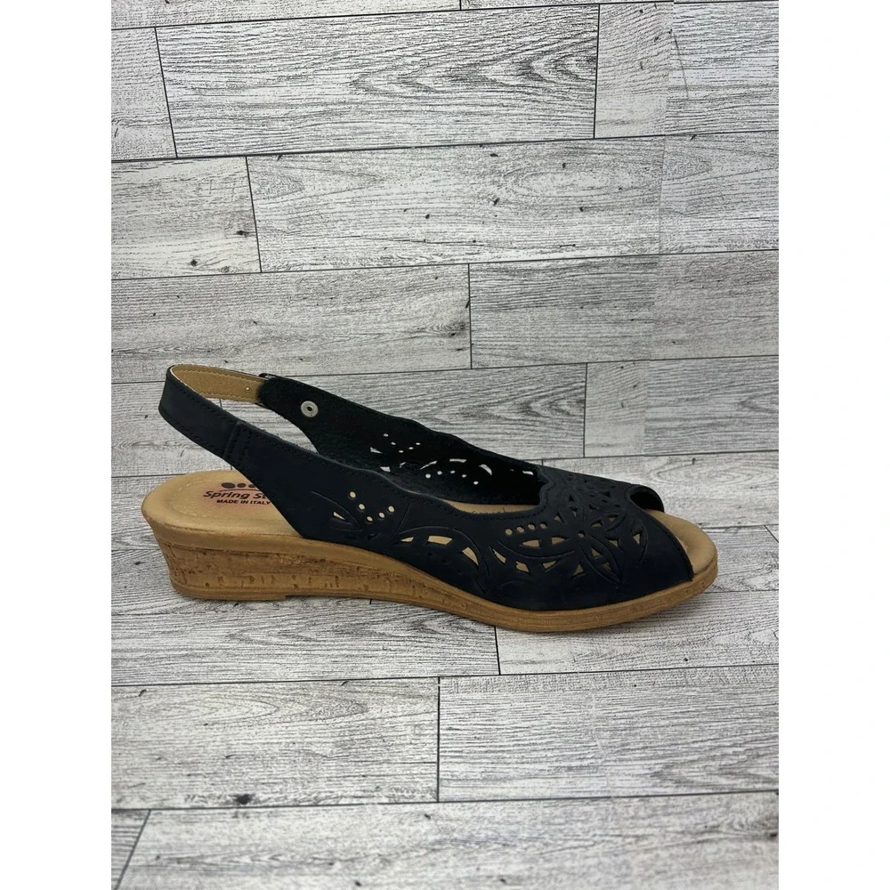 Spring Step Women Black Leather Perforated Slingback Wedge Sandals Size 41‎